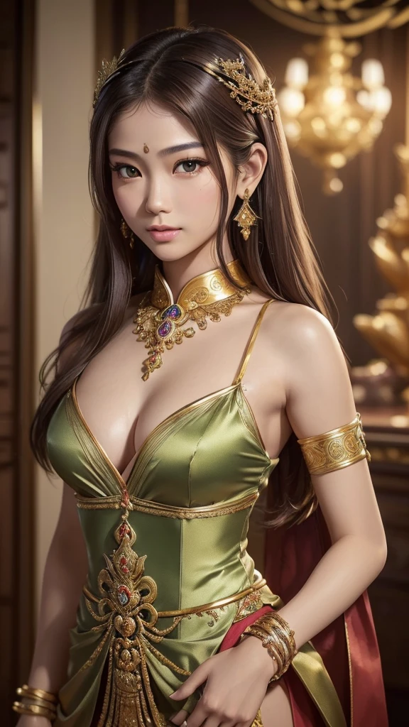 ((dynamic gesture,half body shot:1.4))(like real:1.5),((Beautiful, detailed face, Details Beautiful wide eyes, Green olive pupil 8K:1.3)), ((Masterpiece,Exceptionally high quality, Ultra high resolution:1.2)), ((realistic skin, The details are very detailed.:1.2)), (unity wallpaper 16k:1.1), (HD quality,HDR),((Style of the surrealist painters, a Masterpiece of ultra-realistic portraits, Great work of photography experts)),((Nikon d750f/1.4 55mm)), ((Dynamic angle,Professional level lighting, Physical rendering)), ((bright color)), (Beautiful and realistic Thai girls), (Sexy and attractive face, The body is perfectly proportioned.),((small breasts)), ((light brown hair,long hair )), ((Venus of the East)), ((princess thai:1.3)), (Gorgeous thai costumes with complicated details,Gorgeous dress,Beautiful gold ornaments, Complicated details,luxury jewelry accessories,beautiful edge, complicated details,Various gems:1.2),((Thai Buddhist Temple))