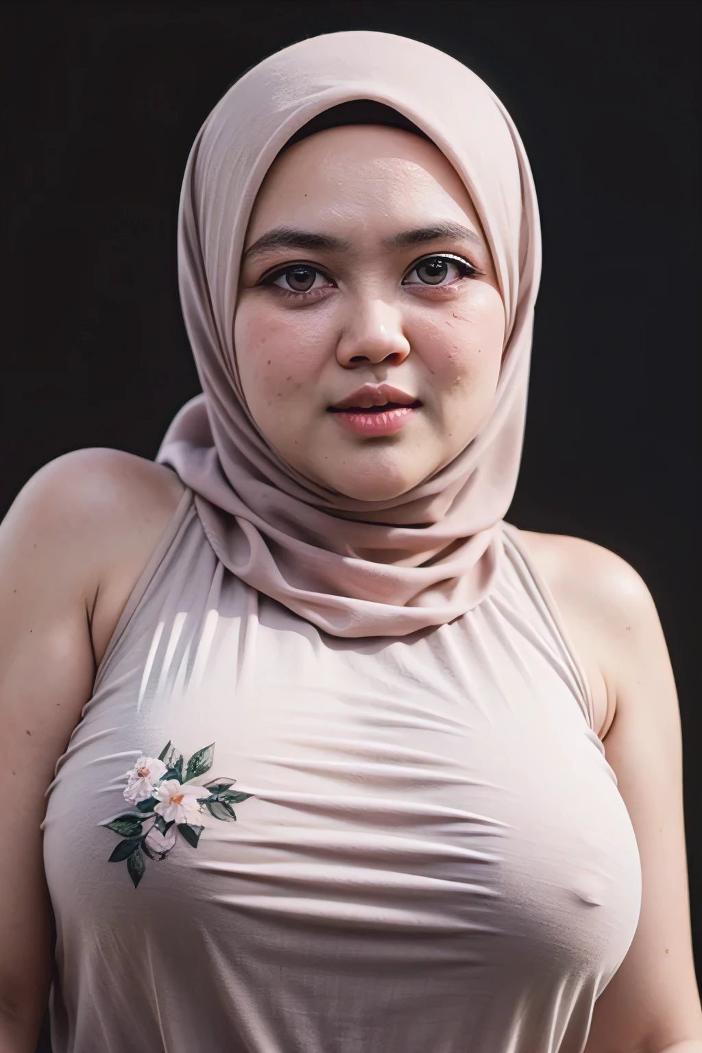 Jumbo (Singlet), Chubby adorable, 1 girl, (face to face), , baby face, angry face expression, half body portrait, (face details: 1), (eye details: 1), ((big breasts)). wearing transparent transparency soft long shirt, hijab, .. Cute posed. proportional body. Ultra High Res. realistic: 1.4, UHD, ((floral pattern)), ((Bigger Eye:1.6)), (((DARK BACKGROUND)))