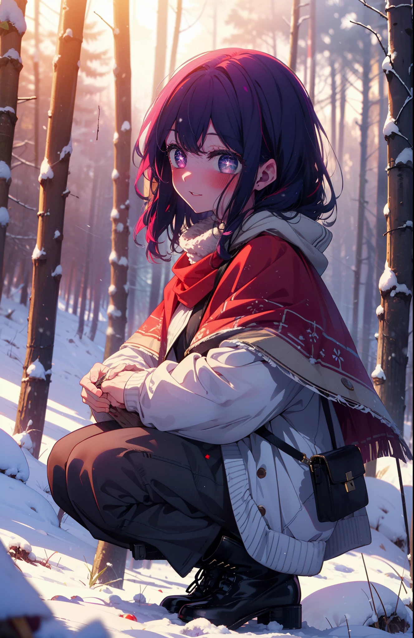 aihoshino, Ai Hoshino, Long Hair, bangs, (Purple eyes:1.1), Purple Hair, (Symbol-shaped pupil:1.5), smile,,smile,blush,white breath,
Open your mouth,snow,Ground bonfire, Outdoor, boots, snowing, From the side, wood, suitcase, Cape, Blurred, , forest, White handbag, nature, Squat, Mouth closed, Cape, winter, Written boundary depth, Black shoes, red Cape break looking at viewer, Upper Body, whole body, break Outdoor, forest, nature, break (masterpiece:1.2), Highest quality, High resolution, unity 8k wallpaper, (shape:0.8), (Beautiful and beautiful eyes:1.6), Highly detailed face, Perfect lighting, Highly detailed CG, (Perfect hands, Perfect Anatomy),