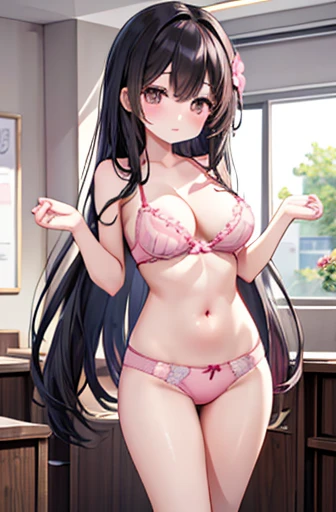 Highest quality、Brown eyes、thin、expensive、8k、girl, High resolution,Black hair break、Long Hair、classroom、(Pink bra with floral pattern:1.2. Break)、(floral pink panties:1.2)、Standing position、Left facing,Large Breasts