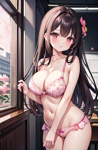 Highest quality、Brown eyes、thin、expensive、8k、girl, High resolution,Black hair break、Long Hair、classroom、(Pink bra with floral pattern:1.2. Break)、(floral pink panties:1.2)、Standing position、Left facing,Large Breasts