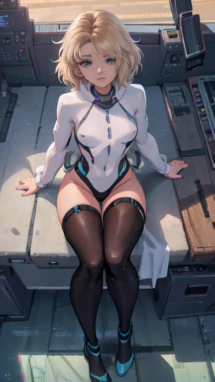 (8K、4K、highest quality、High resolution)、medium breasts、High leg、anime face、beautiful body、Beautiful eyes that shine、anime chic eyes、kind face、Lock, O-ring, thigh strap, thigh boots, Sit in the cockpit, MS cockpit