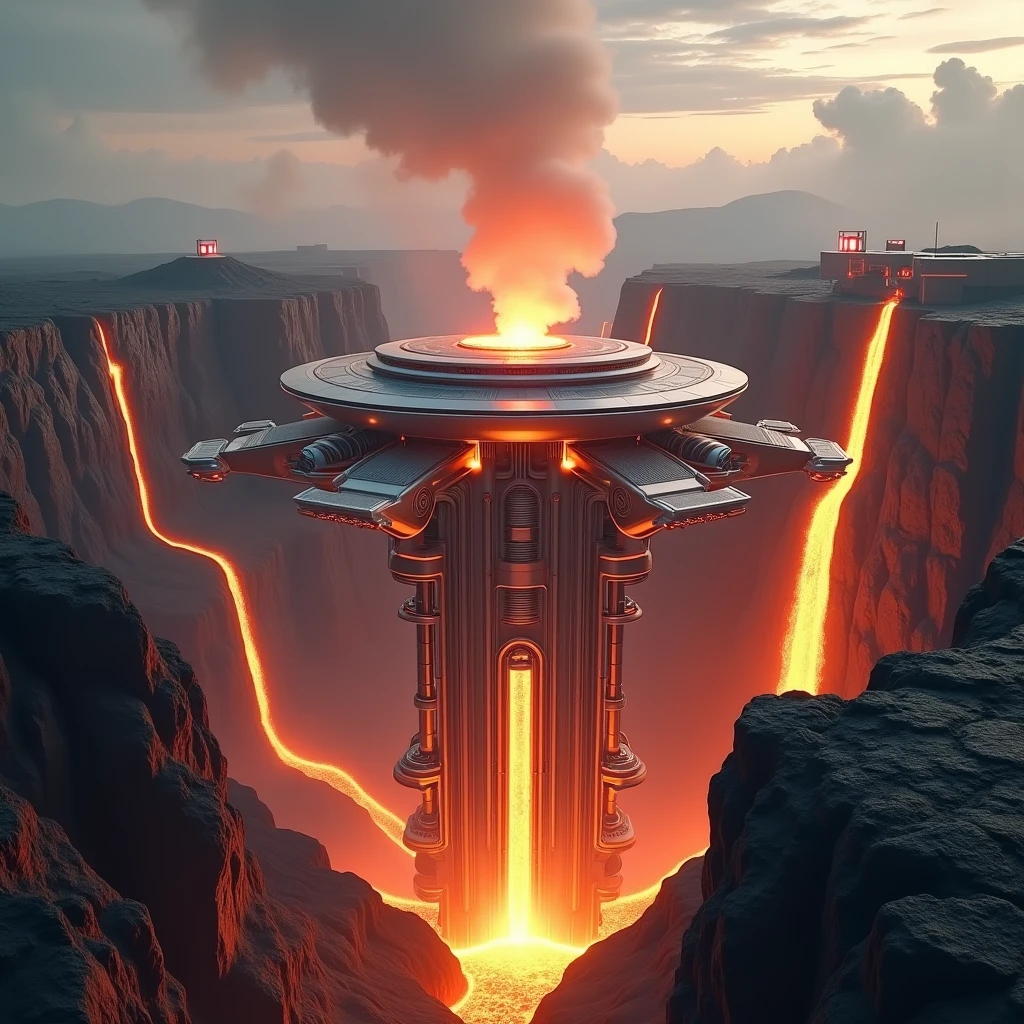 A high-tech base built inside a volcanic crater, with geothermal energy sources, advanced laboratories, and a massive, retractable roof that opens to the sky. The base is surrounded by molten lava and steam vents. (masterpiece, ultra detailed, 8K, high resolution, cinematic lighting, photorealistic, extreme environment)