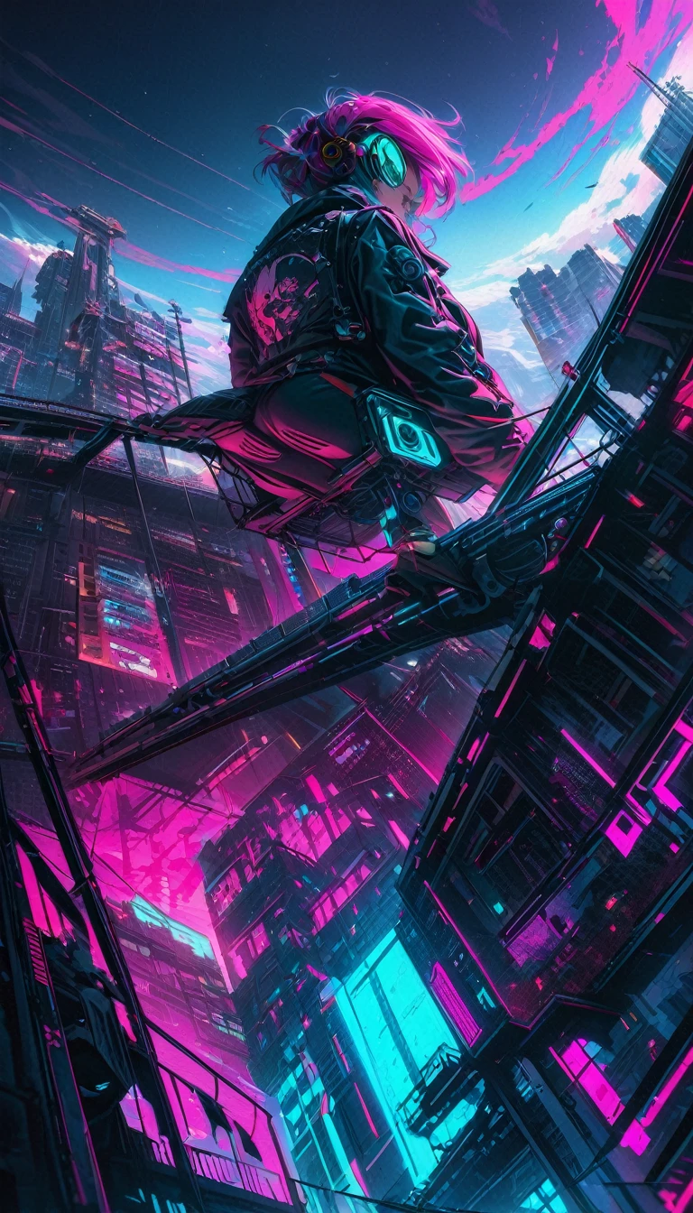 From below, Highest quality, Super Fine, 16K, Incredibly absurd, Very detailed, Two high rise buildings, Back view of a woman sitting on a trapeze, Wind, Wind-effect, moonlit nightscape, (Nice views:1.1) , cyber punk, steampunk, Dieselpunk, Clockpunk, artwork, Mixture Art, Blended Art, Design Art