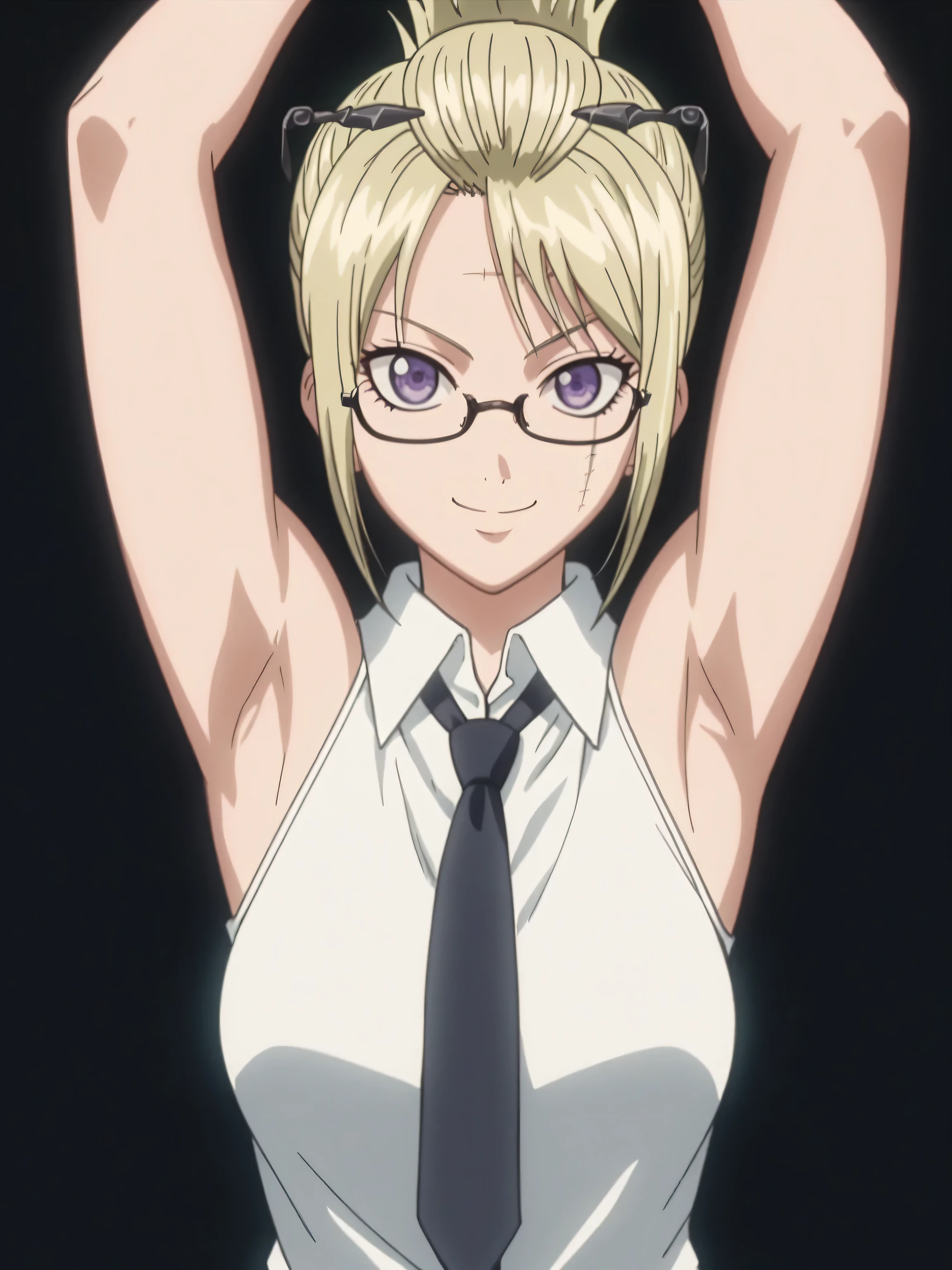 score_9, score_8_up, score_7_up, source_anime, Tsukuyo, blonde hair, folded ponytail, scar on face, purple eyes, office lady, tie, necktie, black necktie, (glasses:1.1), shirt, formal shirt, collared shirt, white shirt, sleeveless shirt, bare shoulders, 1girl, solo, anime screencap, frontlighting, simple background, black background, dark background, soft light, shiny skin, shiny hair, looking at viewer, eye contact with viewer, evil smile, closed mouth, arms up, raised arms, armpits, in the center, symmetrical, upright,