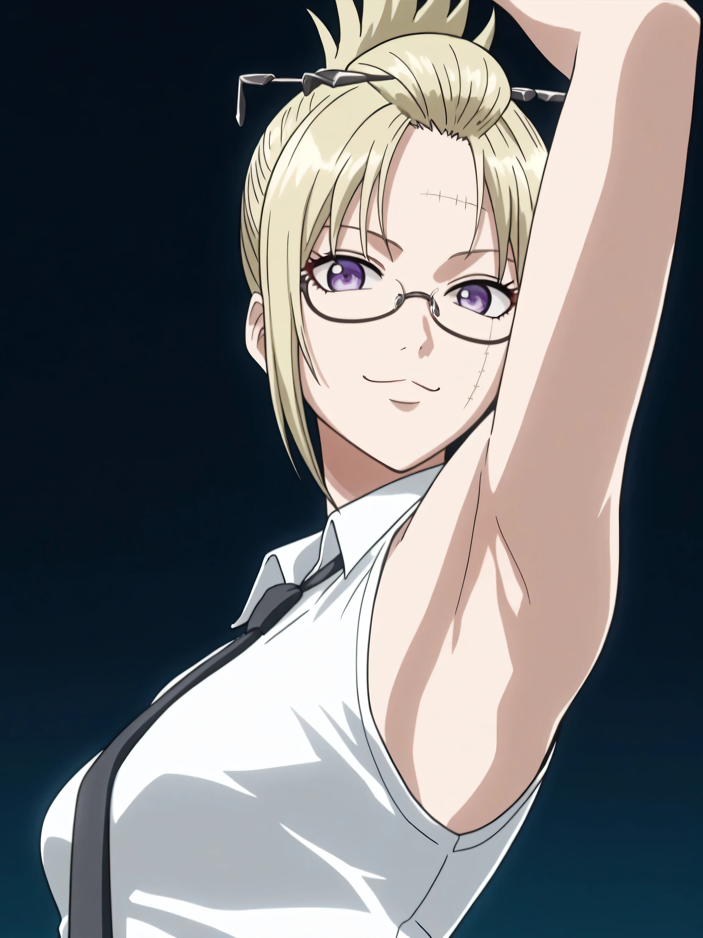 score_9, score_8_up, score_7_up, source_anime, Tsukuyo, blonde hair, folded ponytail, scar on face, purple eyes, office lady, tie, necktie, black necktie, (glasses:1.1), shirt, formal shirt, collared shirt, white shirt, sleeveless shirt, bare shoulders, 1girl, solo, anime screencap, frontlighting, simple background, black background, dark background, soft light, shiny skin, shiny hair, looking at viewer, eye contact with viewer, evil smile, closed mouth, arm up, raised arm, armpit, (From side, from below,:1.4)