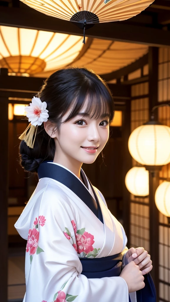 (Super beautiful woman in kimono)、((highest quality、8K masterpiece:1.3))、sharp focus:1.2、(super beautiful face:1.0)、(shiny skin:1.0)、realistic pictures、black hair、video lighting、High resolution eyes and face、video lighting、japanese actress、from the front、with a happy smile、whole body、wearing a kimono、in Kyoto、(luxury obi)、with a fan、Fireworks Display