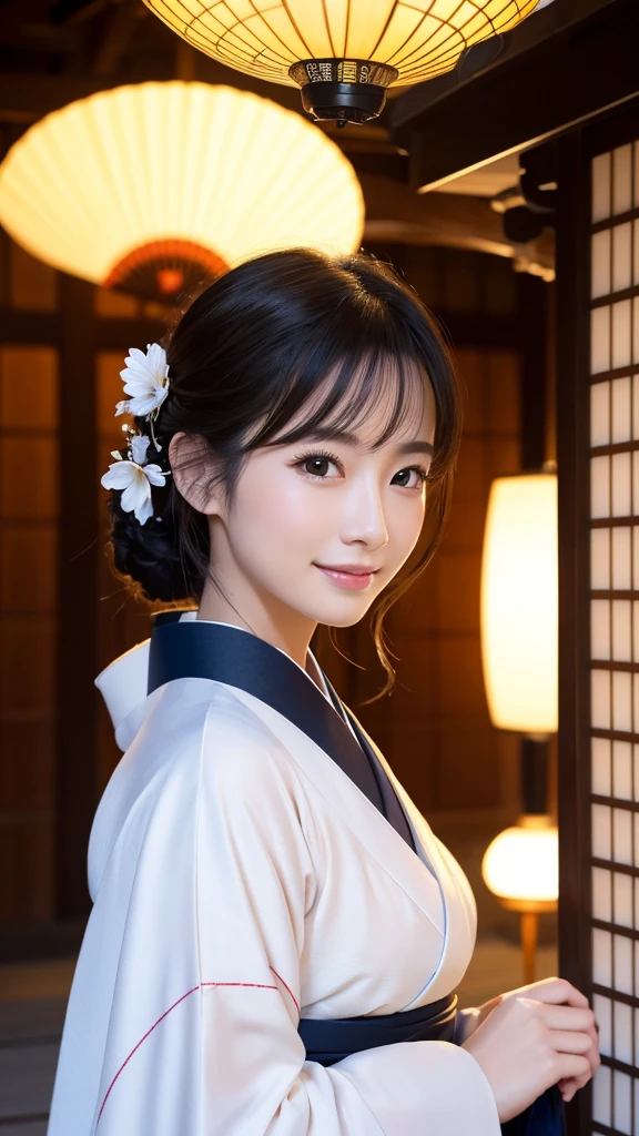 (Super beautiful woman in kimono)、((highest quality、8K masterpiece:1.3))、sharp focus:1.2、(super beautiful face:1.0)、(shiny skin:1.0)、realistic pictures、black hair、video lighting、High resolution eyes and face、video lighting、japanese actress、from the front、with a happy smile、whole body、wearing a kimono、in Kyoto、(luxury obi)、with a fan、Fireworks Display