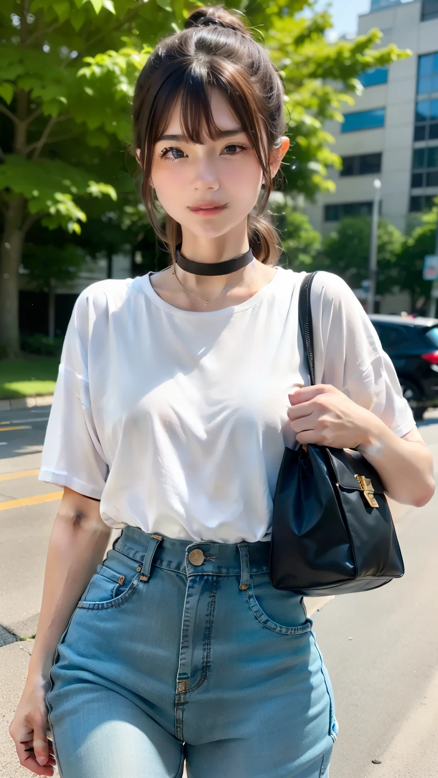 masterpiece , Highest quality,Nahida(Genshin Impact), 1 girl , White shirt:1.5 ,Side Ponytail ,Gray Hair ,Colorful Hair, Green Eyes,Casual clothing , have , Black choker, bag , Green Hair,Busy roads , City life