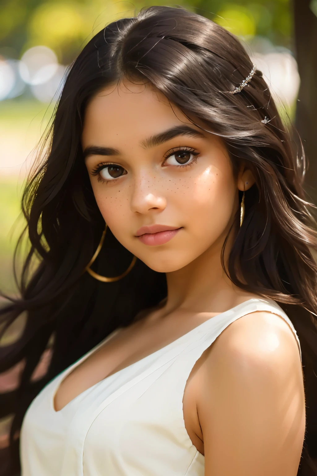 ((best quality)), ((masterpiece)), (detailed), beautiful nine year old latina girl, perfect face, calm expression, soft expression, not fully smiling, (dark brown eyes), (black eyes), photorealistic, detailed long hair, perfect lighting, (young), delicate gentle, feminine, she is beautiful, she is calm, photorealistic image, detailed long hair, perfect lighting, (young), delicate, gentle, feminine, she is beautiful, she is calm, photorealistic image, long black hair, dark brown sheen, clear brown eyes, clear black eyes, light freckles across her cheeks, long wavy hair, long curly hair, realistic, (tanned white skin)