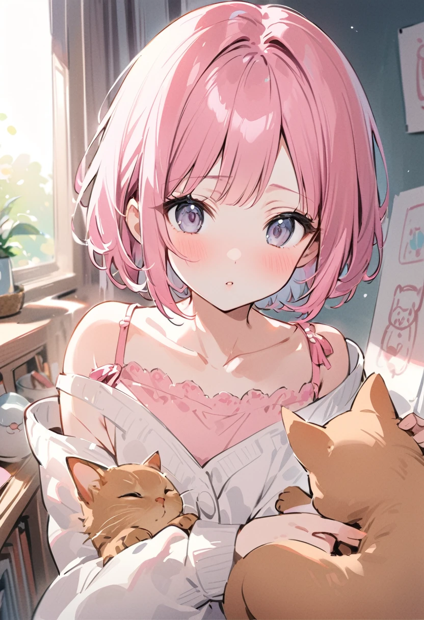 master quality, Beautiful young girl, pink hair, short hair, bangs,pale skin, grey eyes, camisole, brown cat with pink ribbon, ((just before kissing:1.3)), cute and stylish room,high quality, amount of drawing, ((Girl kissing a kitten))、animal、Japanese anime, Clear line drawing, transparent watercolor, clear shading