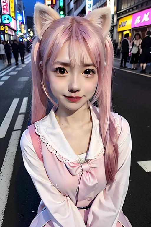 ((Show your chest))、((Pink Hair))、((Pink Hair))、((Twin tails))、((Highest quality、8k、masterpiece))、((Landmine Girl))((Highest quality、8k、masterpiece))、Sharp focus:1.2、(Small fox ears)、Cleavage、Cute 17 year old girl with perfect figure、((Japan schoolgirl summer uniform))、Highly detailed face、Pay attention to the details、double eyelid、Beautiful thin nose、Sharp focus:1.2、Beautiful woman:1.4、((Embrace yourself))、Highest quality、masterpiece、Ultra-high resolution、(Realistic:1.4)、((Neon Light))、((On the streets of Kabukicho at night))、Highly detailed and professional lighting、nice smile、((Japan schoolgirl summer uniform))