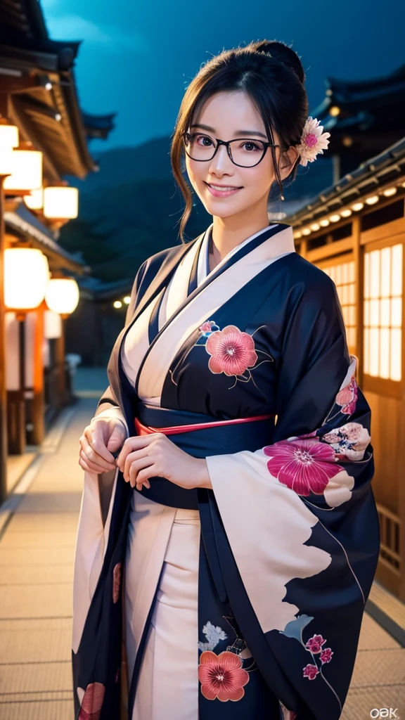 (Super beautiful woman in kimono)、((highest quality、8K masterpiece:1.3))、sharp focus:1.2、(super beautiful face:1.0)、(shiny skin:1.0)、realistic pictures、black hair、video lighting、High resolution eyes and face、video lighting、japanese actress、from the front、big breasts、with a happy smile、Slender abs beauty、whole body、wearing a kimono、in Kyoto、(((luxury obi)))、In Kyoto at night、wearing glasses with no edge、with a fan、Fireworks Display