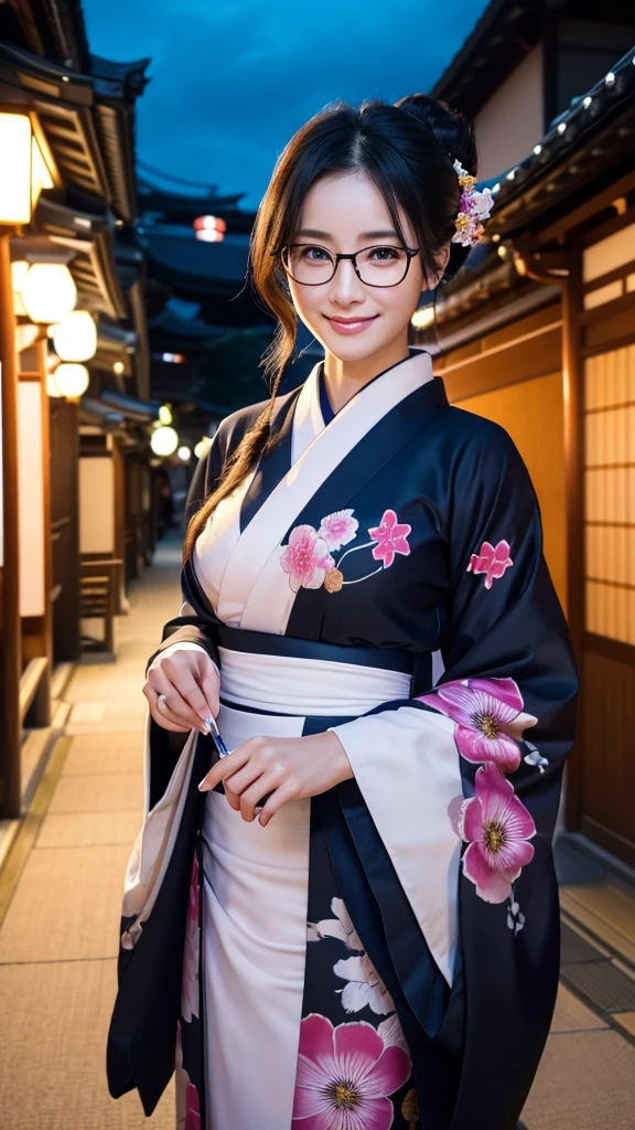(Super beautiful woman in kimono)、((highest quality、8K masterpiece:1.harp focus:1.2、(subeautiful face:1.0)、(shiny skin:1.0)、realistic pictures、black hair、video lighting、High resolution eyes and face、video lighting、japanese actress、from the front、big breasappy smile、Slender abs beauty、whole body、wearing a kimono、in Kyoto、(((luxury obi)))、In Kyoto at night、wearing glasseith no edge、with a fan、Fireworks Display