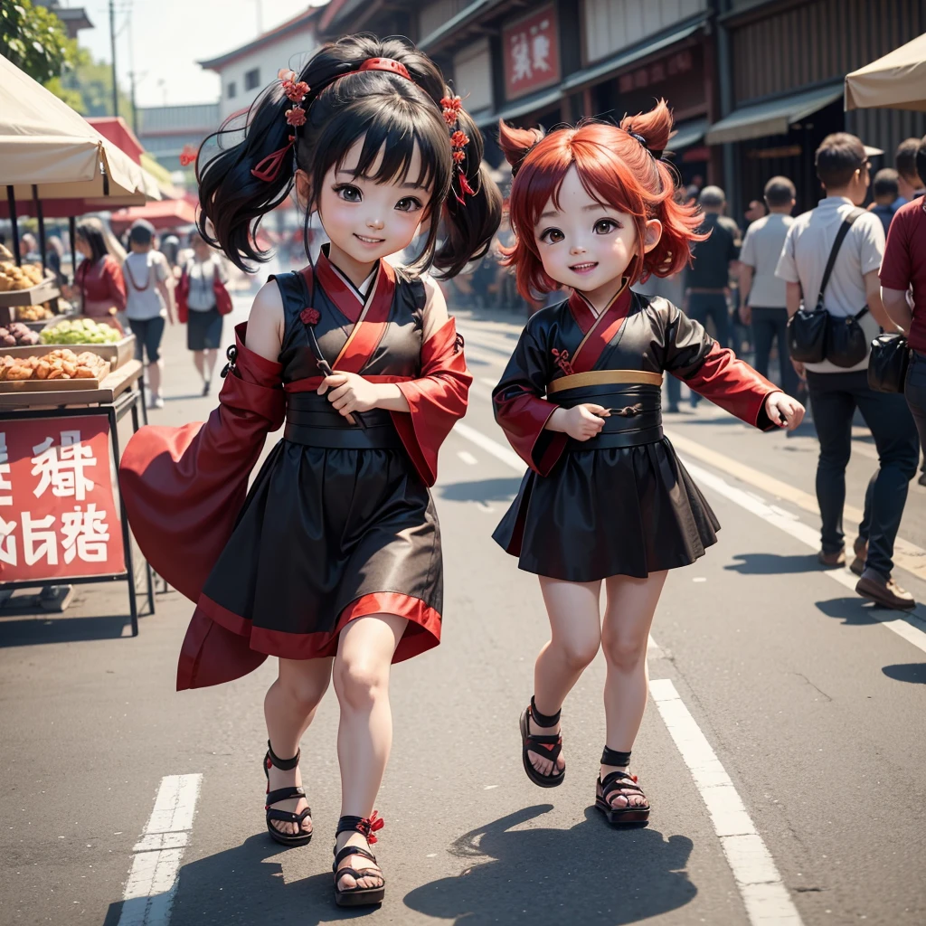 Cute baby chibi anime, red and black hanfu, walking in the market, smiling, many people