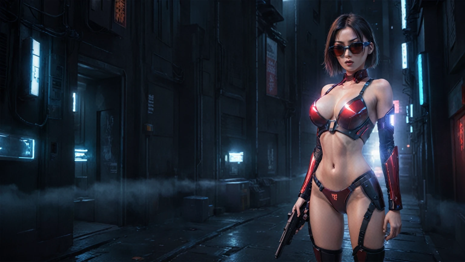 There's a cyborg woman (8k) wearing a futuristic leotard (best quality) standing in a cyberpunk city alley at night, darksynth aesthetic, red neons, haze, foggy night, ultra detailed, photorealistic, (1girl, solo, alone), large-breast:1.2 slim body, cleavage:1.1, (black sunglasses), (((she raised a pistol:1.8 and shot the viewer))), dynamic pose, (((half-body thigh level medium shot))), cinematic lighting, ray tracing.