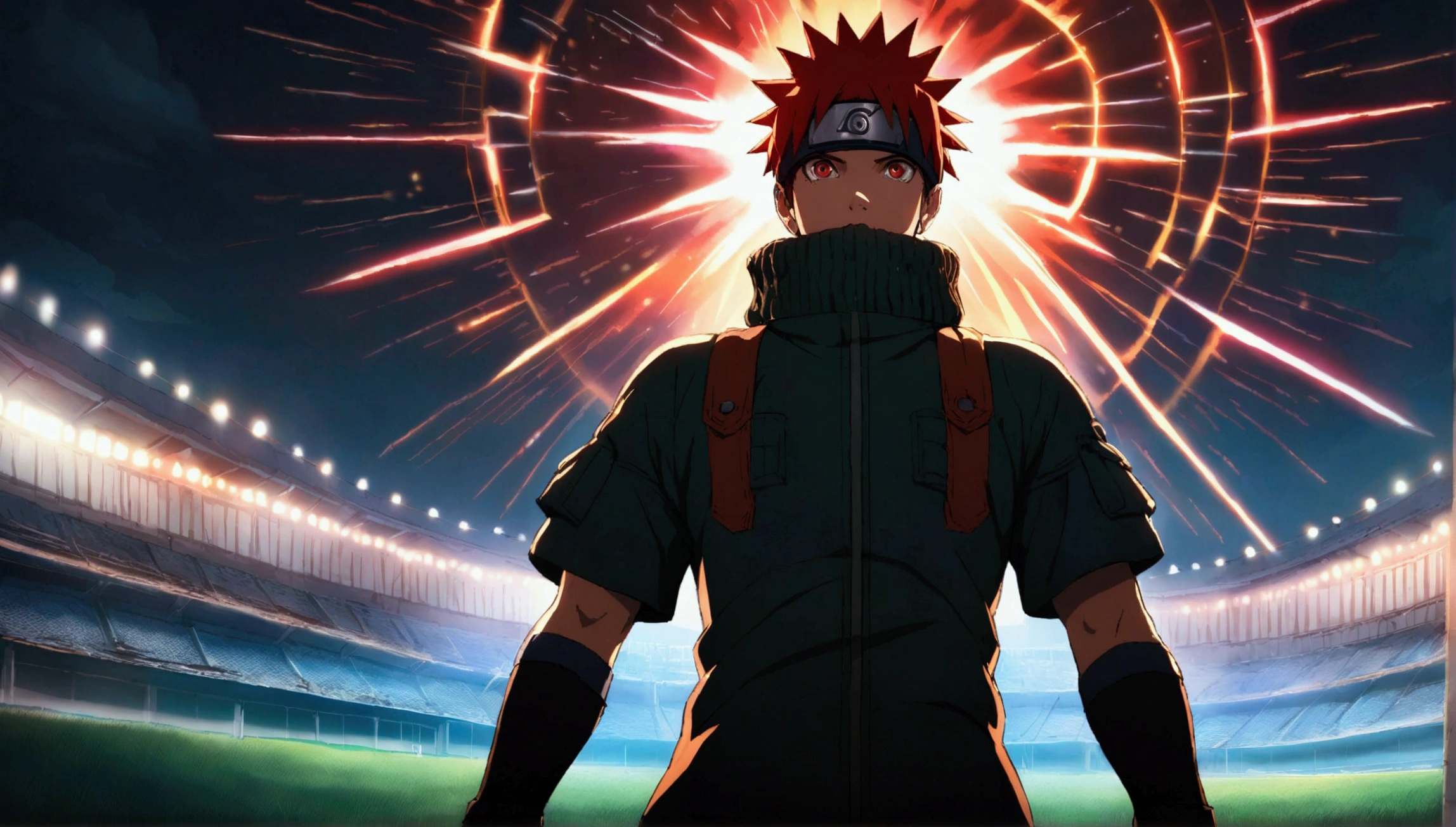 Boy, red spiky hair, turtleneck clothing, football field backdrop, "Anime character design inspired by Naruto, full of dramatic and impressive lighting, focus on the centralized character, impressive face, full of creative details, ultra-fine 2D design, scenery bathed in creativity, boasting 2D anime resolution clarity, HD anime graphics, high-octane rendering"
