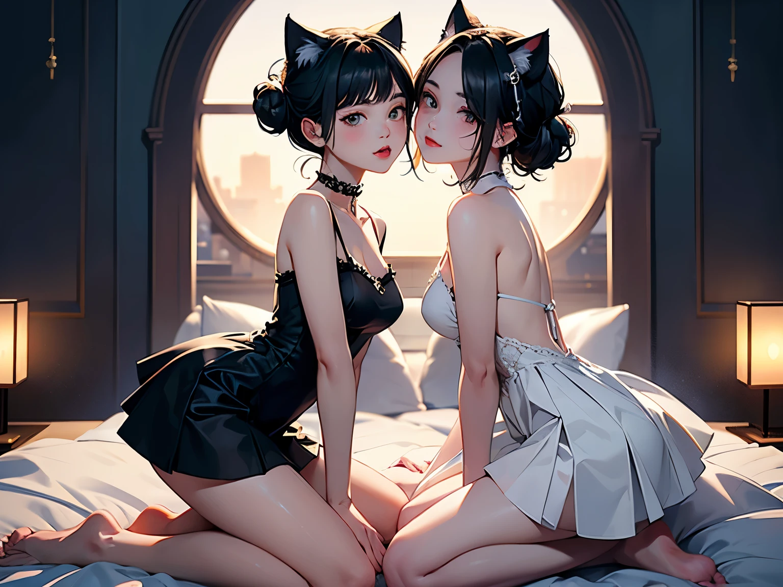 (Highest quality, masterpiece, High resolution)、4K Anime Art、(Two Girls)、whole body、(Kissing each other)、 (Detailed depiction of a cute face)、Black Hair、short hair、semi-long、Bobcut、Hair Bun、hair ornaments、(Cat ear)、Black Cat Costume、White Cat Costume、choker、(lingerie)、Off the shoulder、sexy mini dress、Captivating smile、Small breasts、Soft Focus、Cinematic Light、Soft Light、(indoor、dim、lamp)、(Full moon in the night sky:1.2)、