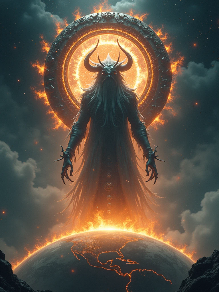 ((((Black Light Art)))),A cosmic scene featuring an extraterrestrial entity with demonic characteristics. The entity's form is composed of phosphorescent light, resembling the cosmic bodies in the dark universe around it. It is presented in a grand, epic manner, with it overlooking the Earth and radiating a mysteriously dark fire. The entity carries both esoteric and hidden aspects, akin to the Hindu god Shiva. A royal atmosphere fills the background, showcasing a large regal, intricate crown, indicative of high-ranking royal jewelry. Elements of both nature and robotics are woven into its design. The full shot is symmetrical, giving way to a balanced composition. Interplay of hyperrealistic textures and dynamic lighting creates a fantastical look. Note that the style should resemble pre-20th century romanticism in oil painting, highlighting dramatic, emotional impacts.