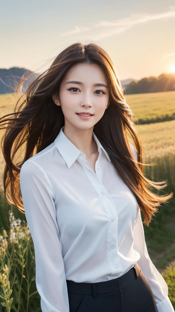 highest quality、genuine、Super detailed、finely、High resolution、8k wallpaper、one beautiful woman、、、light brown disheveled hair、wearing a business suit、sharp focus、perfect dynamic composition、beautiful and detailed eyes、thin hair、Detailed genuine skin texture、smile、model body shape、In a windswept meadow