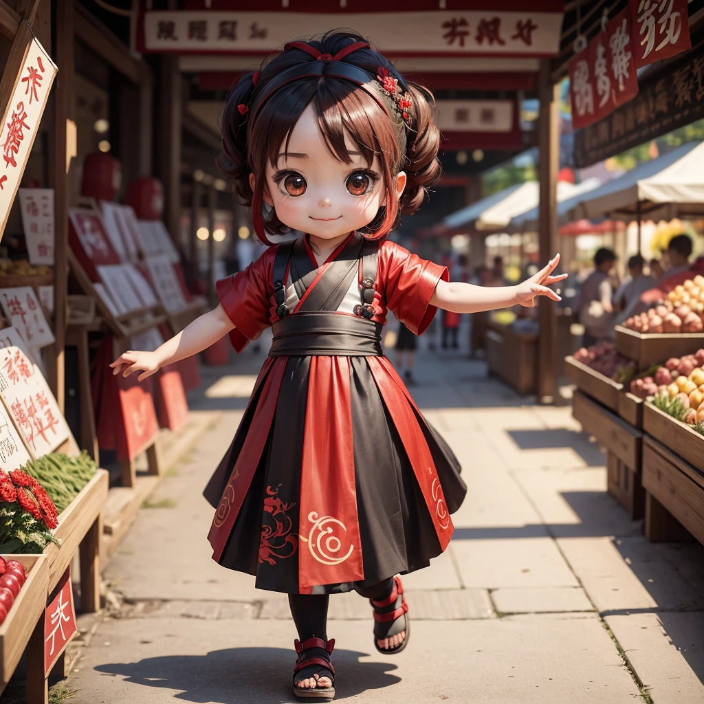 Cute baby chibi anime, red and black hanfu, walking in the market, smiling, many people
