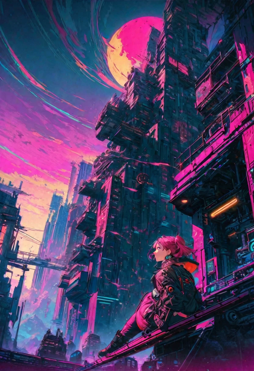 From below, Highest quality, Super Fine, 16K, Incredibly absurd, Very detailed, Two high rise buildings, Back view of a woman sitting on a trapeze, Wind, Wind-effect, moonlit nightscape, (Nice views:1.1) , cyber punk, steampunk, Dieselpunk, Clockpunk, artwork, Mixture Art, Blended Art, Design Art