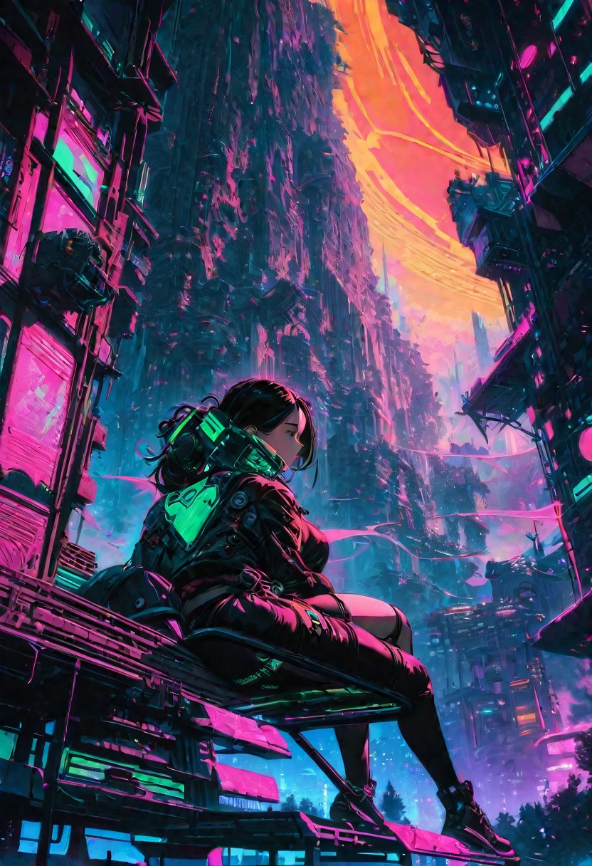 From below, Highest quality, Super Fine, 16K, Incredibly absurd, Very detailed, Two high rise buildings, Back view of a woman sitting on a trapeze, Wind, Wind-effect, moonlit nightscape, (Nice views:1.1) , cyber punk, steampunk, Dieselpunk, Clockpunk, artwork, Mixture Art, Blended Art, Design Art