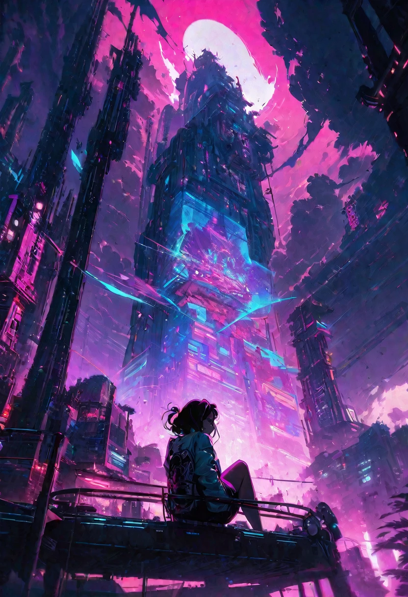 From below, Highest quality, Super Fine, 16K, Incredibly absurd, Very detailed, Two high rise buildings, Back view of a woman sitting on a trapeze, Wind, Wind-effect, moonlit nightscape, (Nice views:1.1) , cyber punk, steampunk, Dieselpunk, Clockpunk, artwork, Mixture Art, Blended Art, Design Art