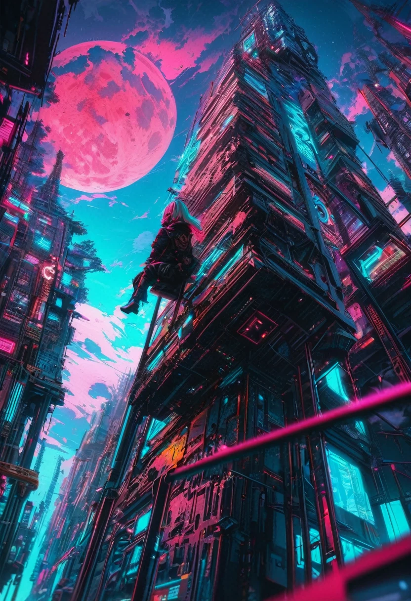 From below, Highest quality, Super Fine, 16K, Incredibly absurd, Very detailed, Two high rise buildings, Back view of a woman sitting on a trapeze, Wind, Wind-effect, moonlit nightscape, (Nice views:1.1) , cyber punk, steampunk, Dieselpunk, Clockpunk, artwork, Mixture Art, Blended Art, Design Art