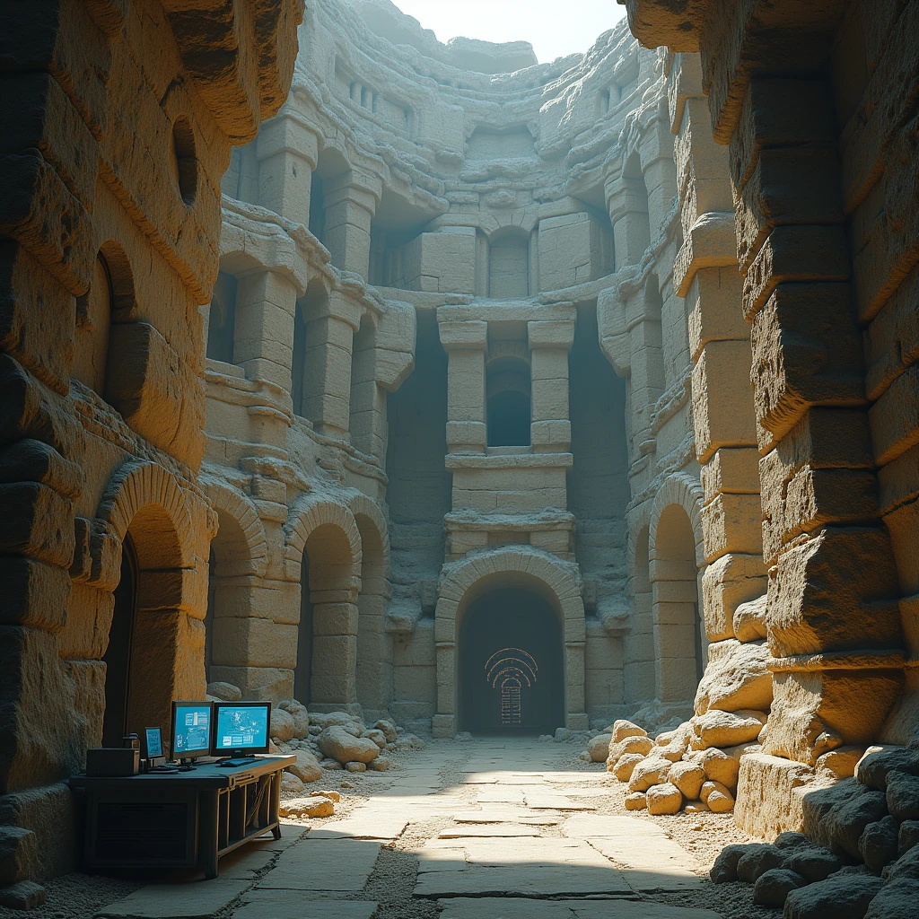 A secret base hidden within ancient ruins, with high-tech equipment integrated into the crumbling stone structures. The base is a mix of ancient history and modern technology, creating a unique blend of past and future. (high resolution, ultra detailed, 8K, cinematic lighting, photorealistic, historical theme)