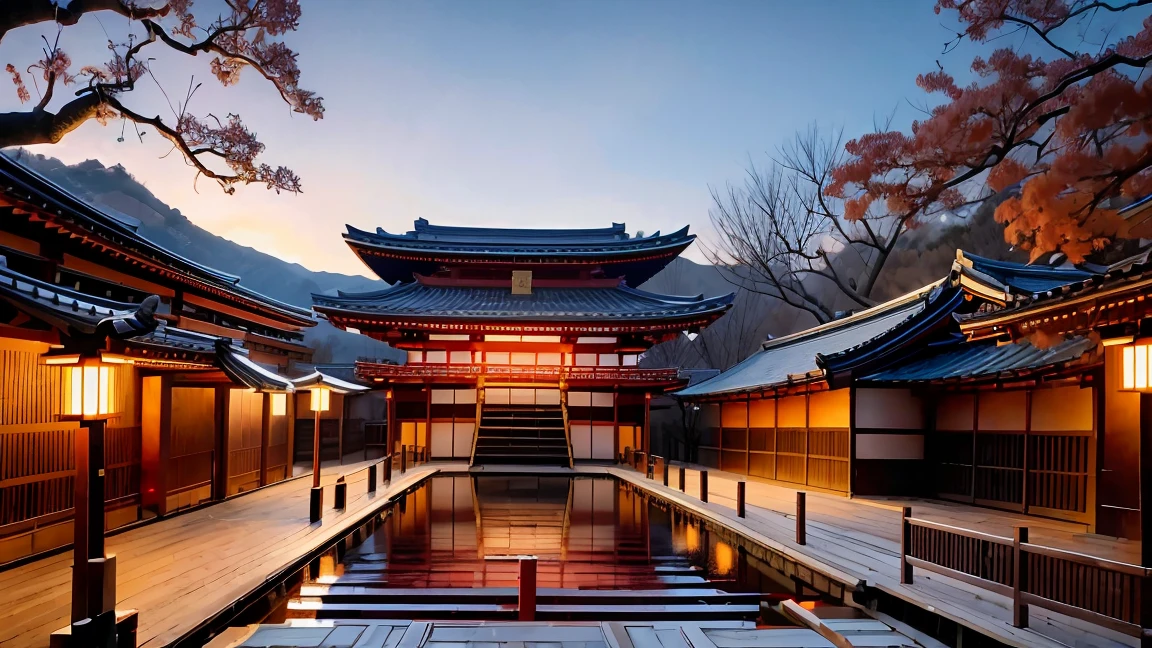 The Heian period imperial court shrouded in darkness、Abe no Seimei is standing dressed in the costume of a small onmyoji.、In the background, wooden buildings stand out like silhouettes.、The garden has bamboo swaying in the wind