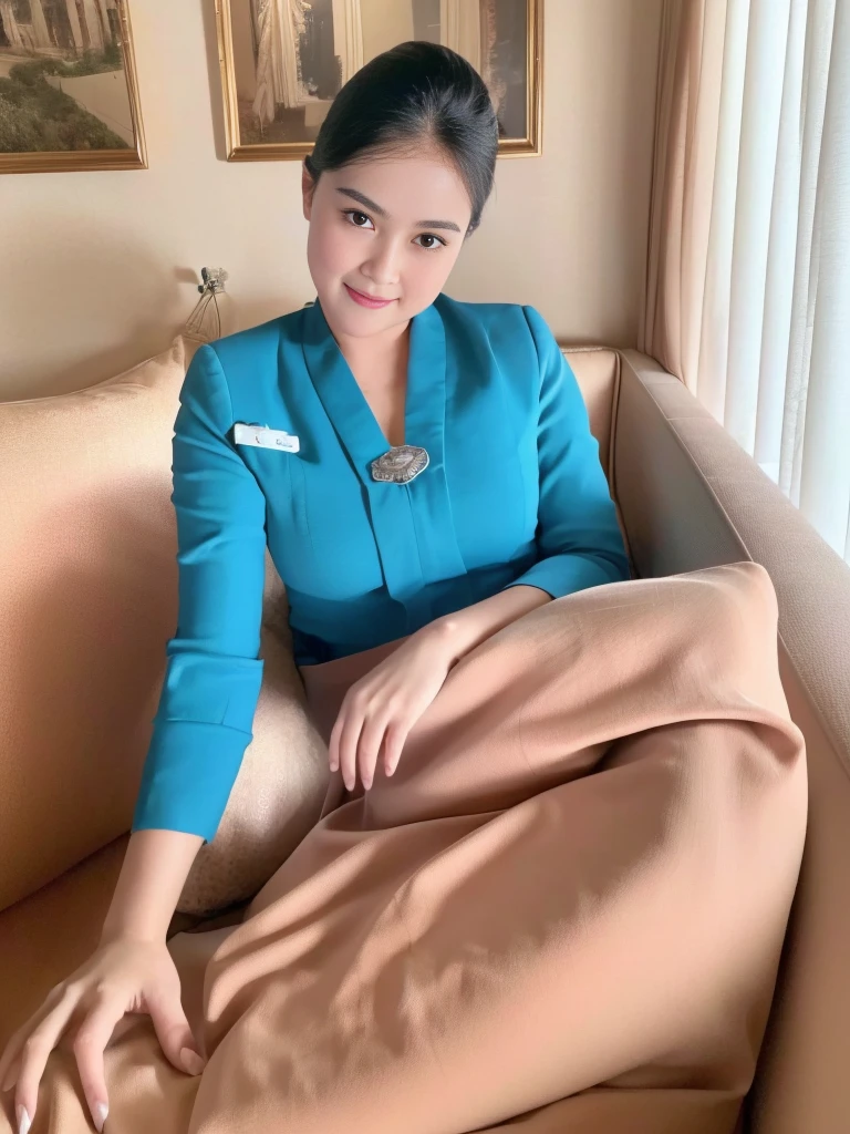 1girl, solo, at hotel room, beautifully hotel room scenery, cute little smirk, detailed eyes, thick medium breasts, smooth realistic skin, wearing flight attendant uniform, looking at the audience, (Overhead shot:1.3), (zoom out:1.4), (8k, RAW photo, best quality, masterpiece: 1.2), (realistic, realistic: 1.37), ultra-high resolution