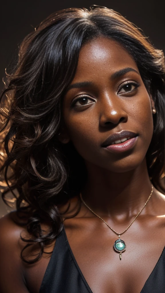 (portraite, editorial photography of a beautiful black girl, adorable face, long and curly brown hair, hazel eyes, por Lee Jeffries, Nikon D850, film stock photography ,4 Kodak Portra 400 ,f1 camera.6 lenses ,rich colors ,hyperrealisti ,realistic texture, dramatic lighting, (high-detailed face:1.4), perfects eyes, realistic iris, perfekt teeth, (ssmile:0.7), (darkness background, shadow of the leaves, temperamental, neckleace), Sun rising, morning light, Wishing for something, work of art, best qualityer, photorrealistic, Citizen of Guinea-Bissau, very cute supermodel, Perfect Anatomia, skinny