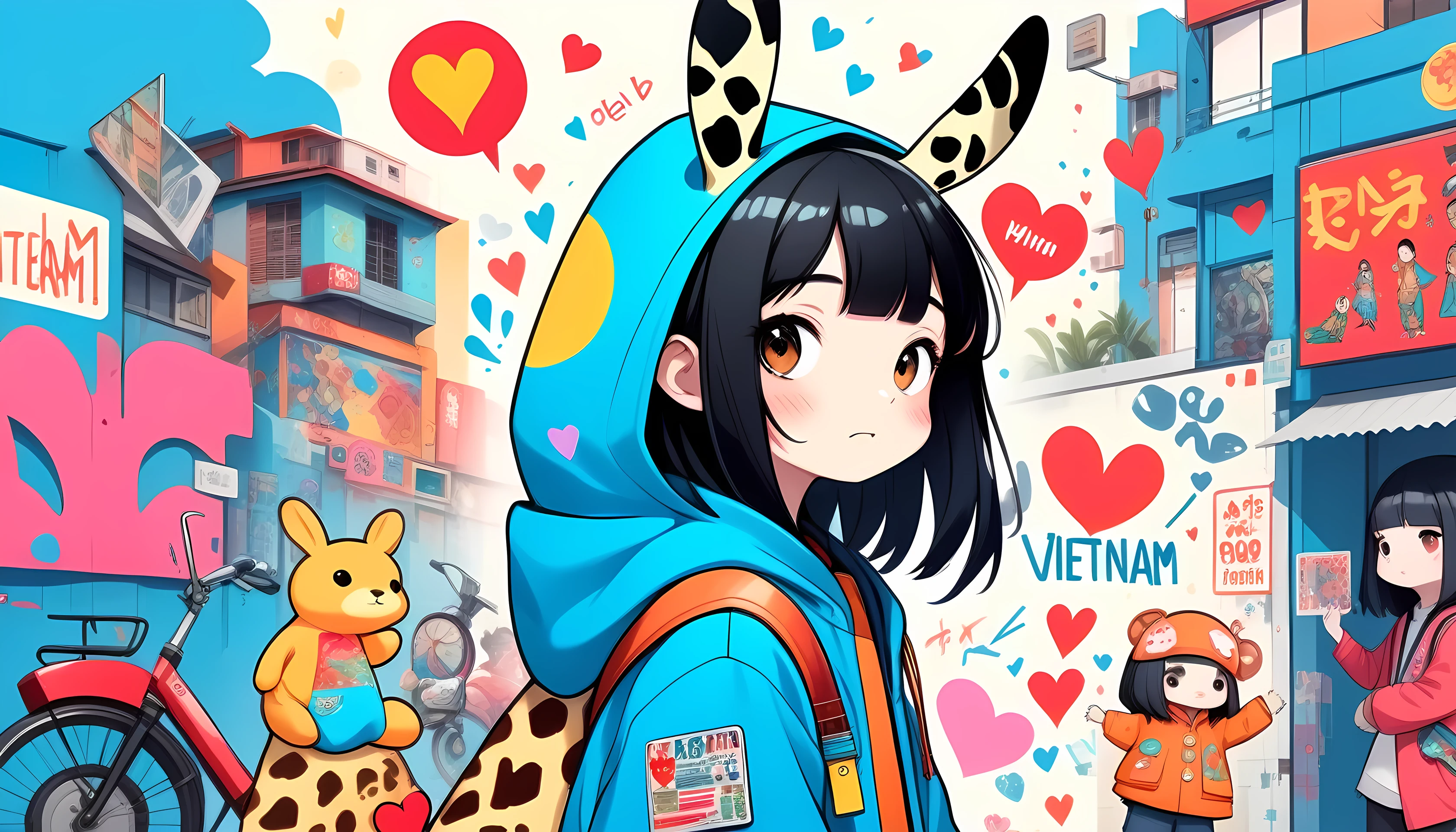 1girl, black hair,
âDesign a colorful full illustration of a quirky individual in a giraffe hood, with a backdrop filled with playful characters and graffiti. The outfit is a bright blue with rabbit patterns and adorned with various patches, pins, and stickers, including hearts and amusing phrases. The surrounding environment should reflect a vietnam street art vibe, with an assortment of contrasting, vibrant elements, vietnam flag, Vietnam