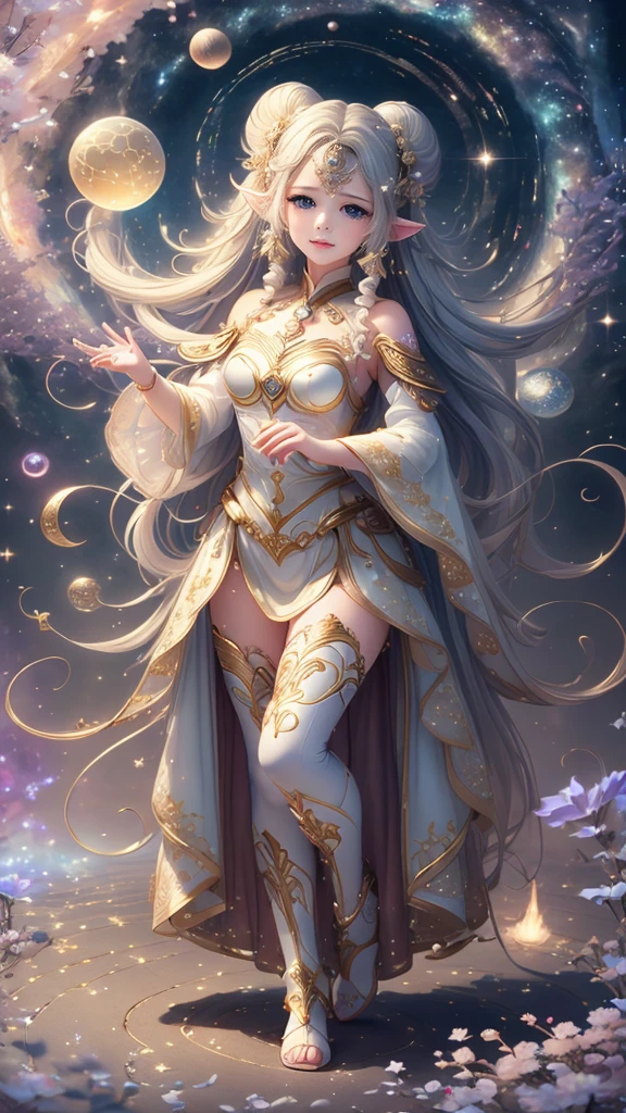 (masterpiece、Highest quality、Highest quality、Beautiful and beautiful:1.2)、Highest Resolution、8k、Detailed eyes、Focus on the eyes、The delicate story of a girl with milky white hair、Astrologer costume、lime、lips、(Good move、The best move)、Fog rising from the feet、flash、Illumination、12 Zodiac Signs、Going around、Standing at the entrance to the ground labyrinth、Interpreting the Starry Sky、Luminous Splash in Both Hands、Overflowing、Beautiful 3D、Depth of written boundary_deep