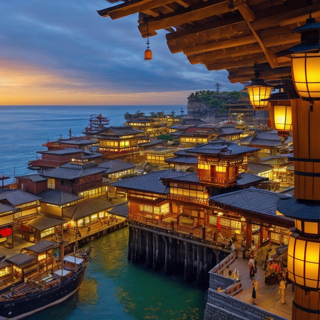 High resolution, Japanese-style streetscape, steep cliff, wooden scaffolding on which Japanese-style buildings are built into the rock face, Japanese-style buildings embedded into the side of the cliff, smoke rising from the chimneys of the frontier, gorgeous, huge Japanese-style buildings are trading posts at the port, a large ship in the sea on the right, the decorations of the ship are flashy, many boats in the distant sea, grand, fantasy, realistic, lanterns, lights coming from the shoji screens, vibrant ancient city, Japanese-style, many overlapping tile roofs, unstable Japanese-style architecture, unstable terrain, port town, sailing ship



