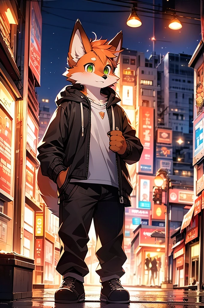8k, Super Detail, precise, best quality,Seventeen-year-old fox boy,orange hair,Green eyes,Wearing grey sweatshirt,Rich plush texture,Realistic style,Standing on a busy city street,night,Brightly lit,Detailed background