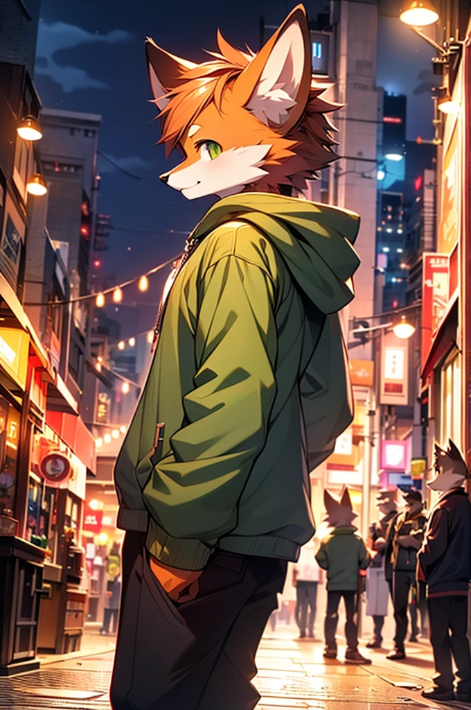 8k, Super Detail, precise, best quality,Seventeen-year-old fox boy,orange hair,Green eyes,Wearing grey sweatshirt,Rich plush texture,Realistic style,Standing on a busy city street,night,Brightly lit,Detailed background