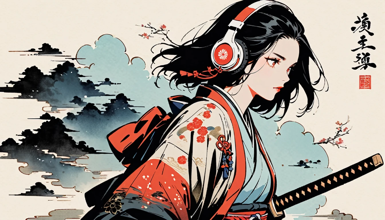 Ink Painting, (((1 girl))), (((samurai))), (((Japanese sword))), Japanese style headphones, beautiful girl, Black Hair, Delicate and precise, Modern ukiyo-e style, vivid color