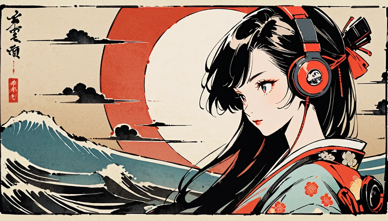 Ink Painting, (((1 girl))), (((samurai))), (((Japanese sword))), Japanese style headphones, beautiful girl, Black Hair, Delicate and precise, Modern ukiyo-e style, vivid color