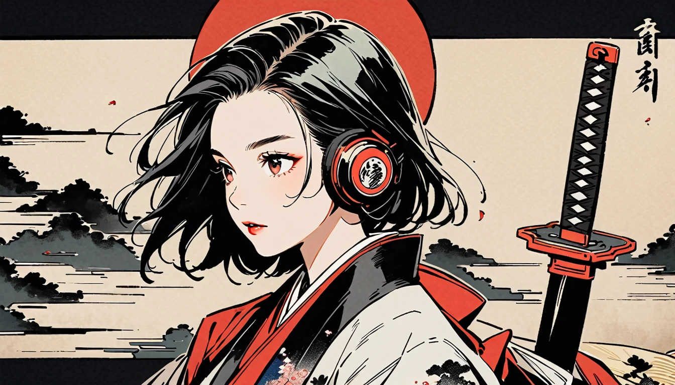 Ink Painting, (((1 girl))), (((samurai))), (((Japanese sword))), Japanese style headphones, beautiful girl, Black Hair, Delicate and precise, Modern ukiyo-e style, vivid color