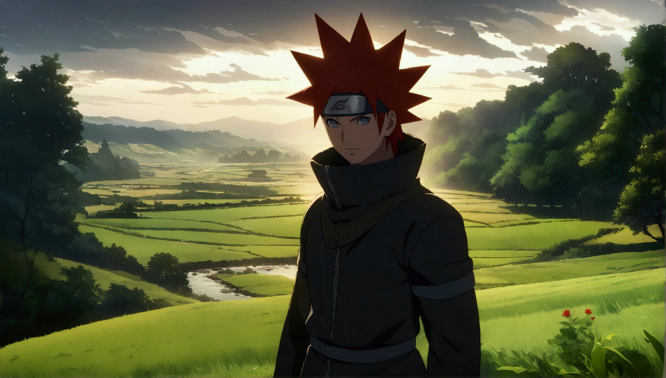 Boy, red spiky hair, high collar clothing, countryside scenery,"Anime character design inspired by Naruto, full of dramatic and impressive lighting, character focus, character centered, impressive face, full of creative details, ultra-fine 2D design, scenery bathed in creativity, boasting 2D anime resolution clarity, HD anime graphics, high-octane rendering"