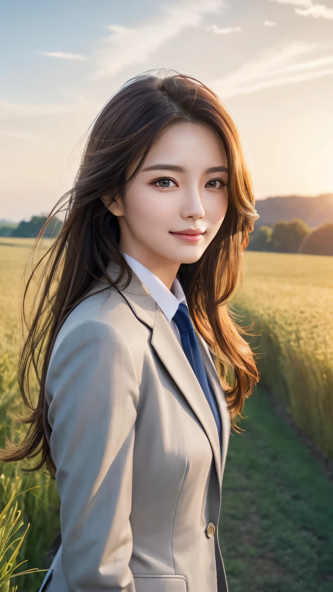 highest quality、genuine、Super detailed、finely、High resolution、8k wallpaper、one beautiful woman、、、light brown disheveled hair、wearing a business suit、sharp focus、perfect dynamic composition、beautiful and detailed eyes、thin hair、Detailed genuine skin texture、smile、model body shape、In a windswept meadow