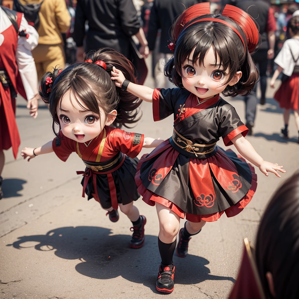 Cute  chibi anime, red and black hanfu, walking in the market, smiling, many people