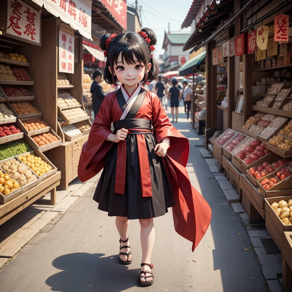 Cute baby chibi anime, red and black hanfu, walking in the market, smiling, many people