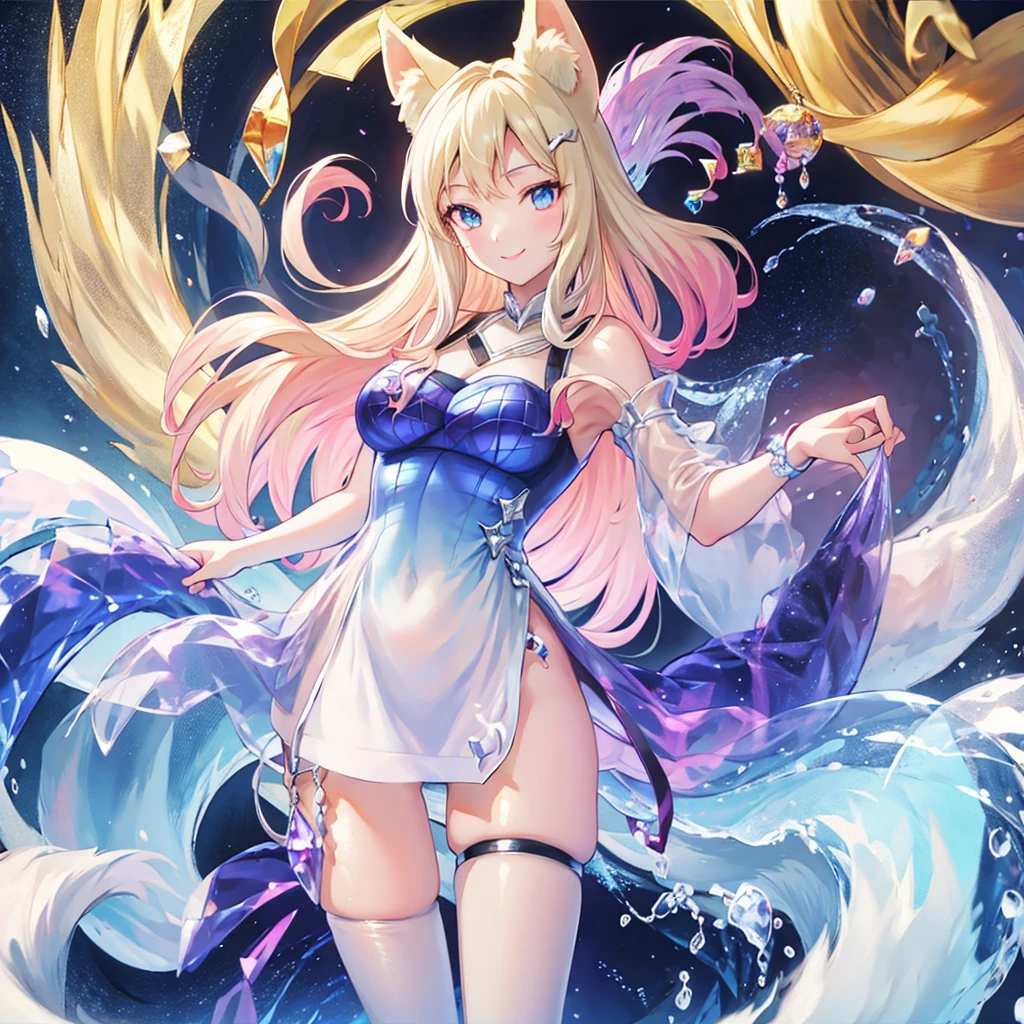 Ahri, 9 massive fluffy white tails, Smile, Detail, Anime Style, 