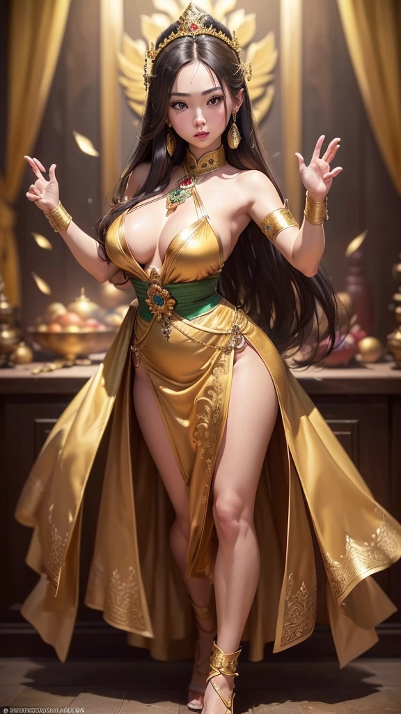 ((dynamic gesture,half body shot:1.4))(like real:1.5),((Beautiful, detailed face, Details Beautiful wide eyes, Green olive pupil 8K:1.3)), ((Masterpiece,Exceptionally high quality, Ultra high resolution:1.2)), ((realistic skin, The details are very detailed.:1.2)), (unity wallpaper 16k:1.1), (HD quality,HDR),((Style of the surrealist painters, a Masterpiece of ultra-realistic portraits, Great work of photography experts)),((Nikon d750f/1.4 55mm)), ((Dynamic angle,Professional level lighting, Physical rendering)), ((bright color)), (Beautiful and realistic Thai girls), (Sexy and attractive face, The body is perfectly proportioned.),((Symmetrical face)), ((light brown hair,Long straight hair, has a face ))Thai dress, ((princess thai:1.3)), (Gorgeous thai costumes with complicated details,Gorgeous dress,Beautiful gold ornaments, Complicated details,luxury jewelry accessories,beautiful edge, complicated details,Various gems:1.2),((Thai Buddhist Temple)) negative sign