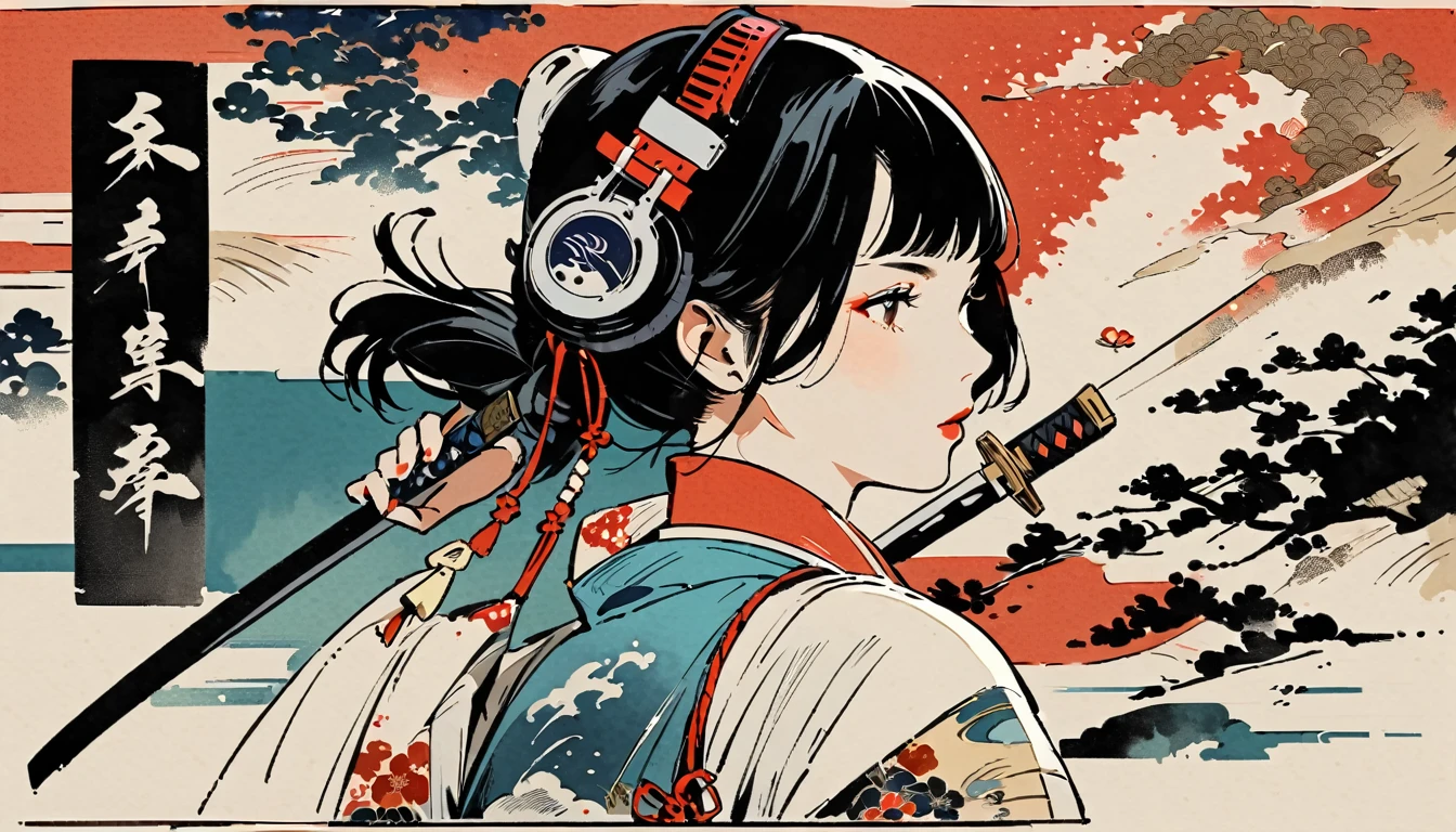 Ink Painting, (((1 girl))), (((samurai))), (((Japanese sword))), (((Swordsman))), Japanese style headphones, beautiful girl, Black Hair, Delicate and precise, Modern ukiyo-e style, vivid color