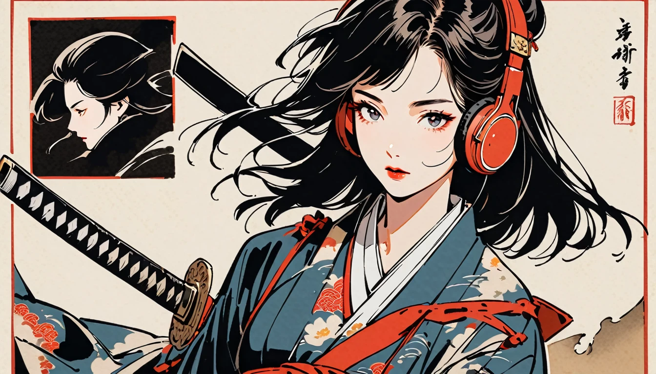 Ink Painting, (((1 girl))), (((samurai))), (((Japanese sword))), (((Swordsman))), Japanese style headphones, beautiful girl, Black Hair, Delicate and precise, Modern ukiyo-e style, vivid color