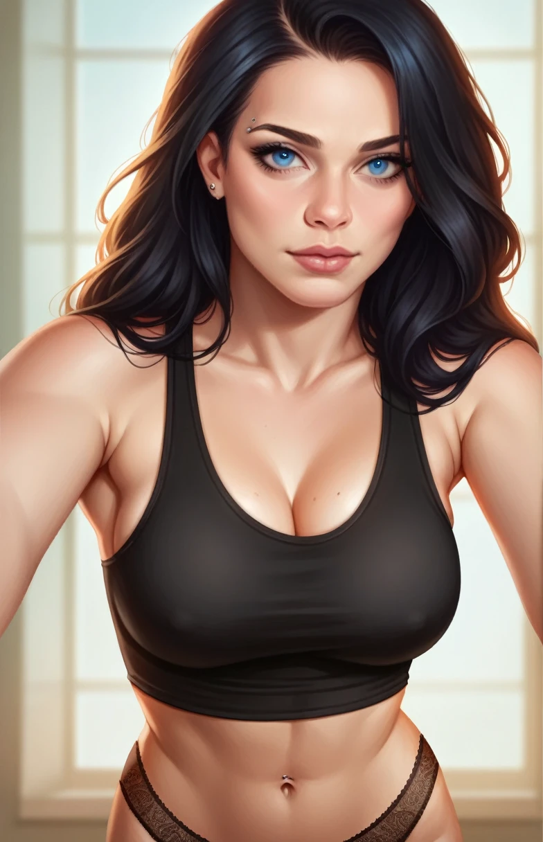 a beautiful detailed girl, pale porcelain skin, slender hourglass figure, large perky breasts, piercing blue eyes, long flowing silky black hair, wearing a black lace thong panties, a short tight white tank top, looking directly at the viewer, POV shot, cinematic lighting, photorealistic, highly detailed, 8k, masterpiece
